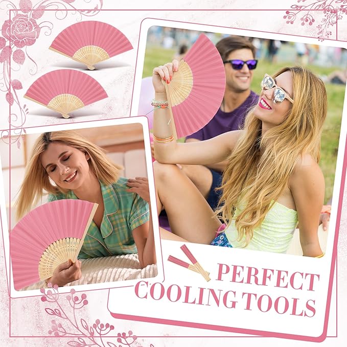 Yinkin 24 Pack Folding Fans Bamboo Handheld Folded Craft Hand Japanese Chinese Fans for Weddings Bridal Dancing Church DIY Decoration Women Gift Party Favors (Pink)