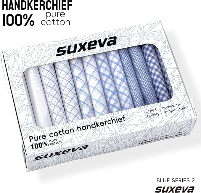Gifts Cotton Handkerchiefs 100% Soft Cotton 12-Pack White handkerchif and Blue cotton handkerchief for Men and Women
