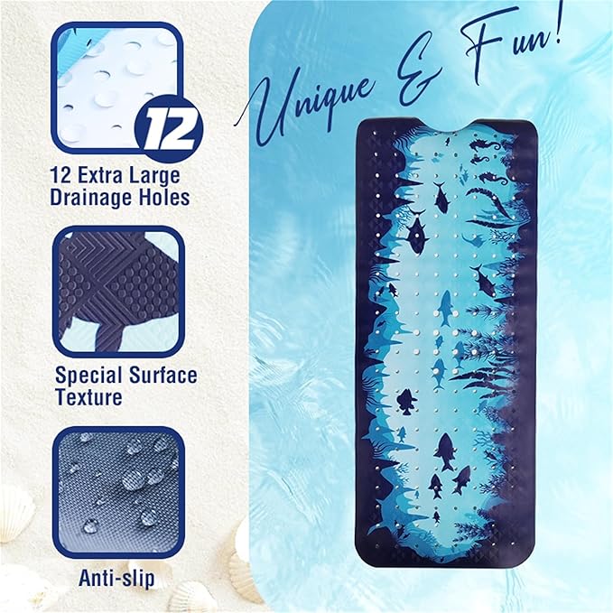 Blue Bathtub Mat Non Slip 40x16in Extra Long Bath Mat for Tub Funny Cute Ocean Animals Anti Slip Shower Mat for Bathroom with Large Drain Holes and Suction Cups Quality Bath Mats and Bathtub Decor