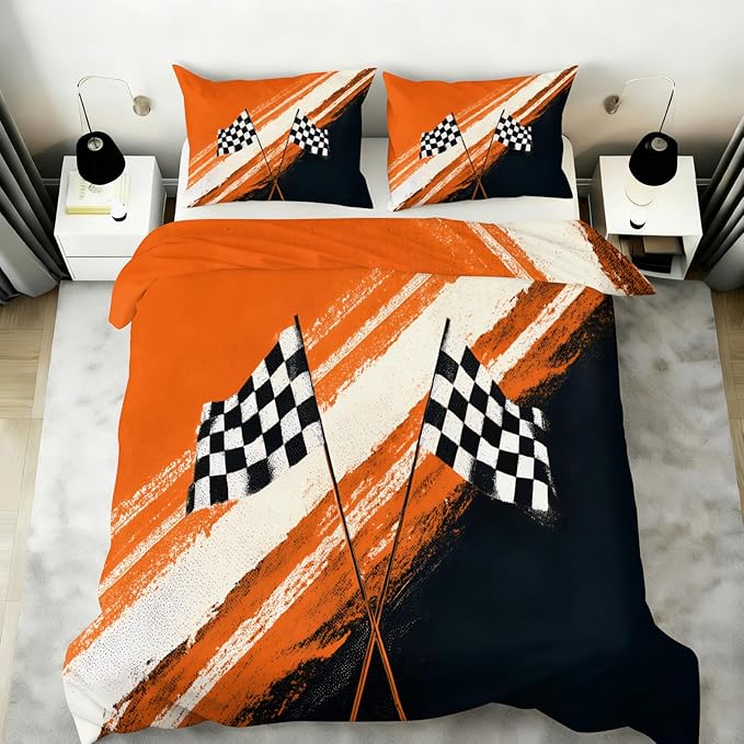 Racing Checkered Flag Bedding Set Twin Size Sporty Motorsport Duvet Cover Boys Race Car Comforter Cover Race Track Comforter Set with Zipper Ties for Bedroom