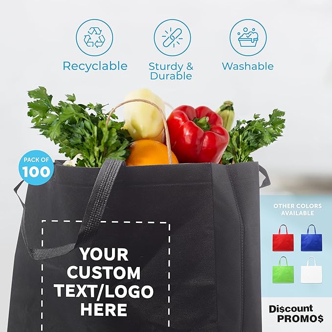 DISCOUNT PROMOS Custom Jumbo Sized Tote Bags Set of 100, Personalized Bulk Pack - Reusable Grocery Bags, Shopping Bags, Promotional Item Totes for Women - Black