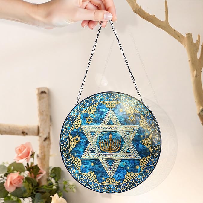 FLAGWIX Hanukkah Gifts for Women Men - Star of David Stained Glass Window Hanging 10 in - Hanukkah Sun Catcher Hanging Decor, Chanukah Suncatchers for Garden Decor, Religious Spiritual Gifts for Mom