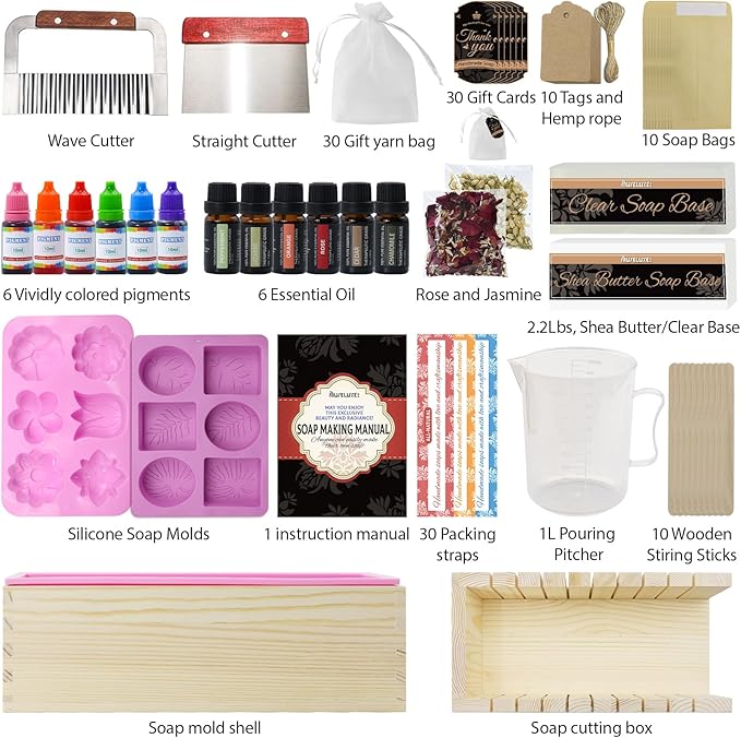 MuseLuxe Soap Making Kit for Adults,Soap Making Supplies Melt and Pour,DlY Set for Beginners - Base,Silicone Molds, Loaf,Molds,Cutter Box,Fragrances,Gift Card, DIY Gift Craft