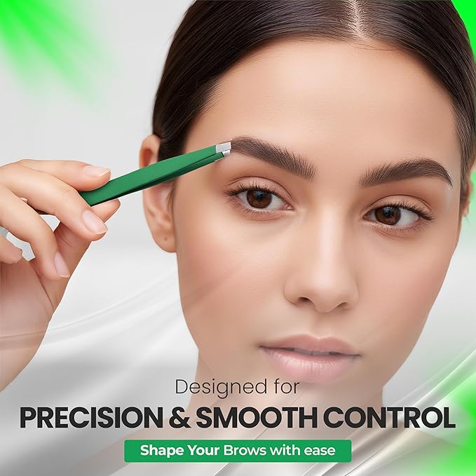 Slanted Stainless Steel Tweezers for Men & Women - Precision Eyebrow Tweezers for Facial Hairs, Strong Grip, Fine Tip, Professional Tweezer for Plucking & Grooming (Matte Forest Green)