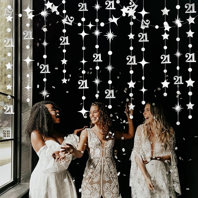 Silver 21st Birthday Decorations Number 21 Circle Dot Twinkle Star Garland Metallic Hanging Streamer Banner Backdrop for Girls Boys Cheers to 21 Years Finally Legal Bday 21st Anniversary Party Decor
