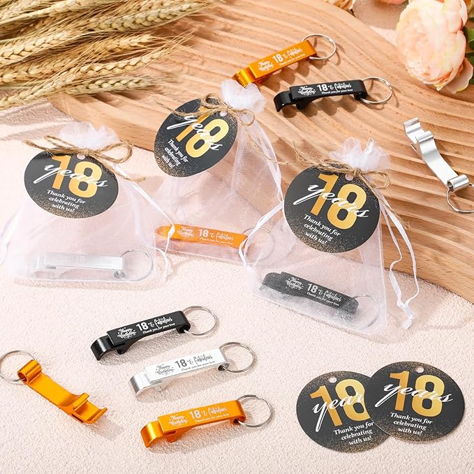 Dandat 54 Sets 18th Birthday Party Favors for Guests Birthday Beer Opener Keychain Cheers to 18 Bottle Opener Keychain with Thank You Cards and Gift Bags for Anniversary Wedding Party Favors