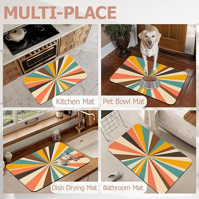 Diatomaceous Earth Bath Mat,Retro Vintage Bath Rugs,Radial Rays Non-Slip Thin Absorbent Fast Drying Easy to Clean for Bathroom Laundry Home Kitchen Door Mat 17x29.5Inch