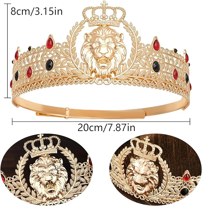 King Crown and Birthday Sash, King Crown for Men,Gold Men's Tiara Prince Diadem,Royal Medieval Cosplay Birthday Prom Halloween Hair Accessories