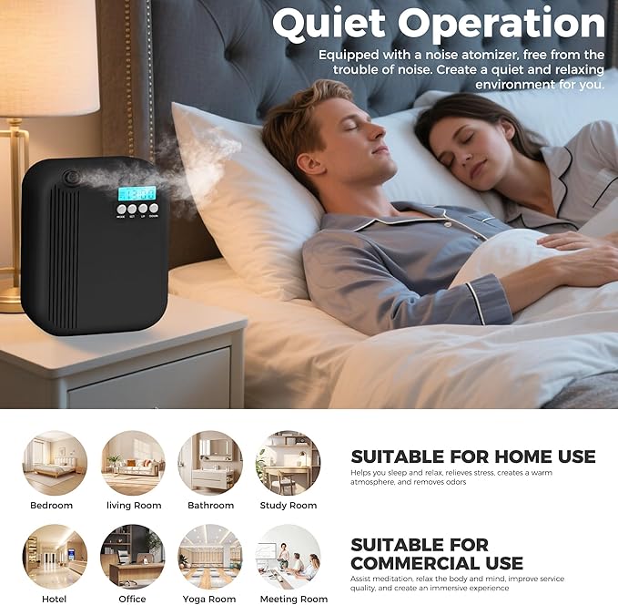 Hotel Collection Diffuser, House Scent Machine, 3000 Sq.Ft of Coverage, 200ml Large Capacity Aromatherapy Machine, Scent Diffusers for Home Large Room, Office Waterless Essential Oil Diffuser, Black