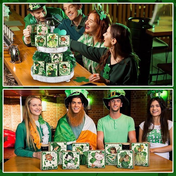 Wenqik 8 Pcs Vintage St. Patrick's Day Decorations Happy St Patrick Table Centerpieces Wooden Retro Table Ornaments St. Patrick's Day Tiered Tray Decor for Irish Home Tabletop Party Supplies, 8 Styles