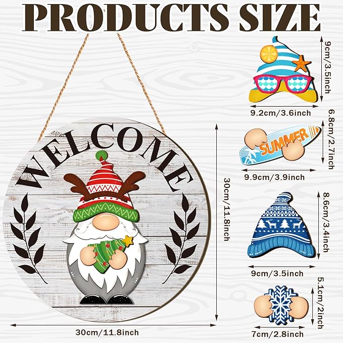 Qunclay Interchangeable Wooden Gnome Decor Holiday Seasonal Gnome Decorations with Magnet Pieces and Detachable Hats Changeable Welcome Sign for Home(White)