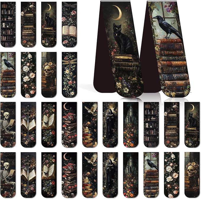 Dark Academia Magnetic Bookmark - 30 Pcs Gothic Flower Book Mark Magnets Retro Aesthetic Bookmarks Magnetic Skull Plants Dragonfly Book Markers Page Clip for Women Students Teacher Reading Gift