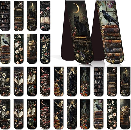 Dark Academia Magnetic Bookmark - 30 Pcs Gothic Flower Book Mark Magnets Retro Aesthetic Bookmarks Magnetic Skull Plants Dragonfly Book Markers Page Clip for Women Students Teacher Reading Gift