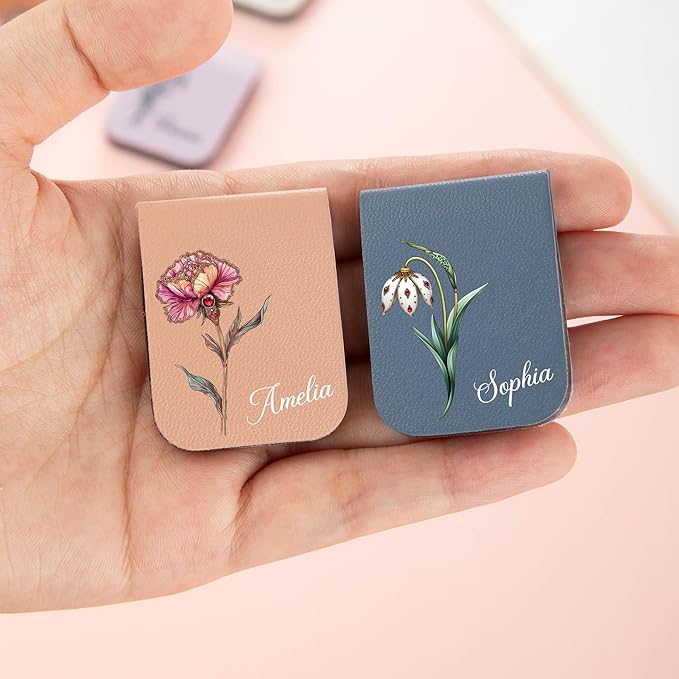 callie Personalized Magnet Bookmark Clips - Custom Retro Birth Flower & Name, Leather Magnetic Book Page Marks, Gifts for Women Men Book Lovers