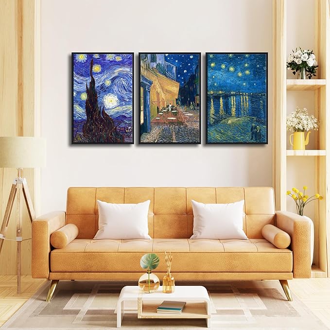 Wieco Art Black Framed 3 Panels Canvas Prints of Vincent Van Gogh Paintings Reproduction Starry Night Over the Rhone Cafe Terrace at Night Canvas Wall Art for Home Office Decor