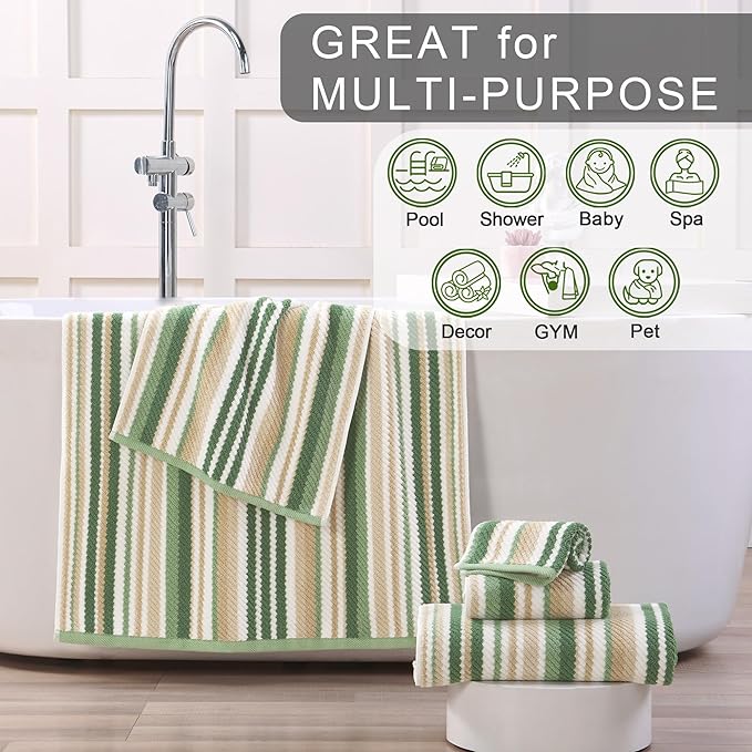Green Hand Towels Set of 4, 16"x27" - 100% Cotton | Quick Dry | Soft | Absorbent | Lightweight, Striped Hand Towels for Bathroom & Guest, Luxury Towel Set for Showering, Sage and Beige Stripes