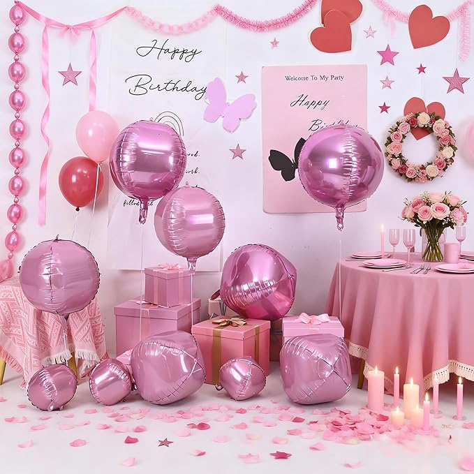 12PCS Pearl Pink Round Foil Balloons, 22" 15" 10" Large 4D Ball Balloons Metallic Pearl Pink Mirror Balloon for Graduation Valentines Day Wedding Women Girls Birthday Party