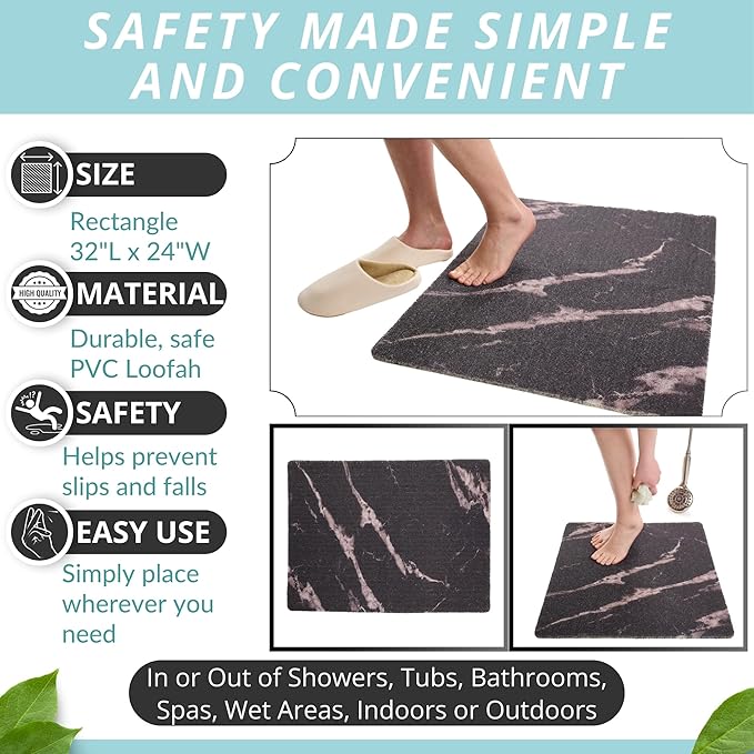 Enkosi Loofah Non-Slip Shower Mat - Shower Floors, Bathtub, Bathrooms, Wet Areas - Cushioned Bath Mat with Drain Holes - Quick Dry PVC, Secure Safety Pad Without Suction Cups (32x24 Marble Black)