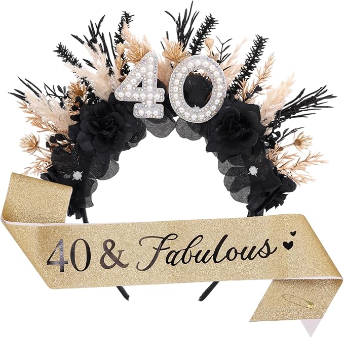 Flower Black Birthday Headband - Dark Happy Birthday Crown and Sash Set for Women Fabulous Party Accessories