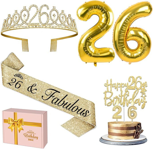 26th Birthday Decorations for Women Gold Set with 26th Birthday Tiara and Sash, Cake Topper and Candles, Number Balloons, 26 Year Old Gifts for Women