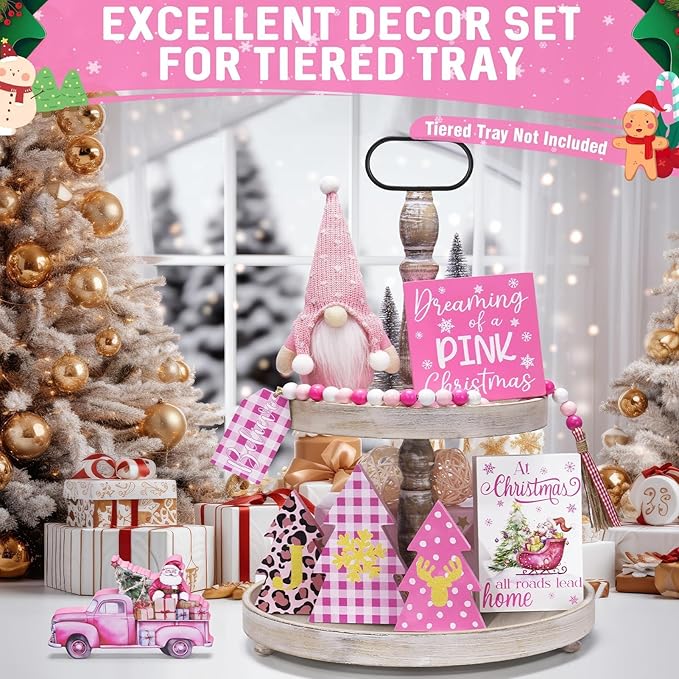 Pink Christmas Tiered Tray Decor 8 PCS Xmas Decorations Indoor - Believe Christmas Wooden Signs & Pink Xmas Gnome Plush Set - Table Decor Tier for Home Kitchen Mantel