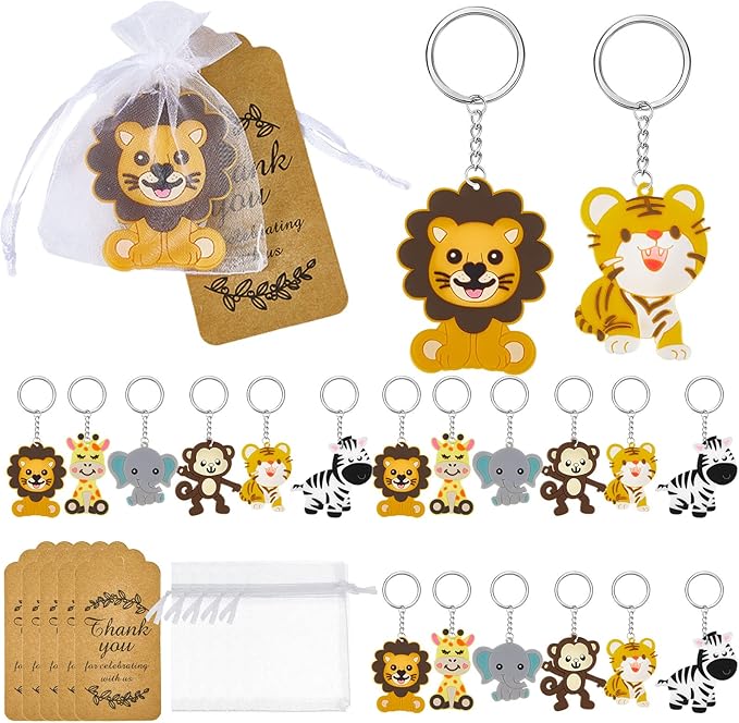 270 Pieces Cute Jungle Animal Keychains Safari Baby Shower Decorations Zoo Animals Decoration with Thanks Tags and Organza Bags for Birthday Favor