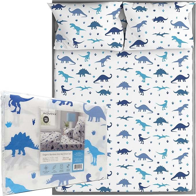 Kids Organic Viscose Derived from Bamboo Sheet Set | Twin or Full Size Fitted Bed Sheets | Oeko-Tex Certified | Cute Toddler Bedding for Girls & Boys Dino Full