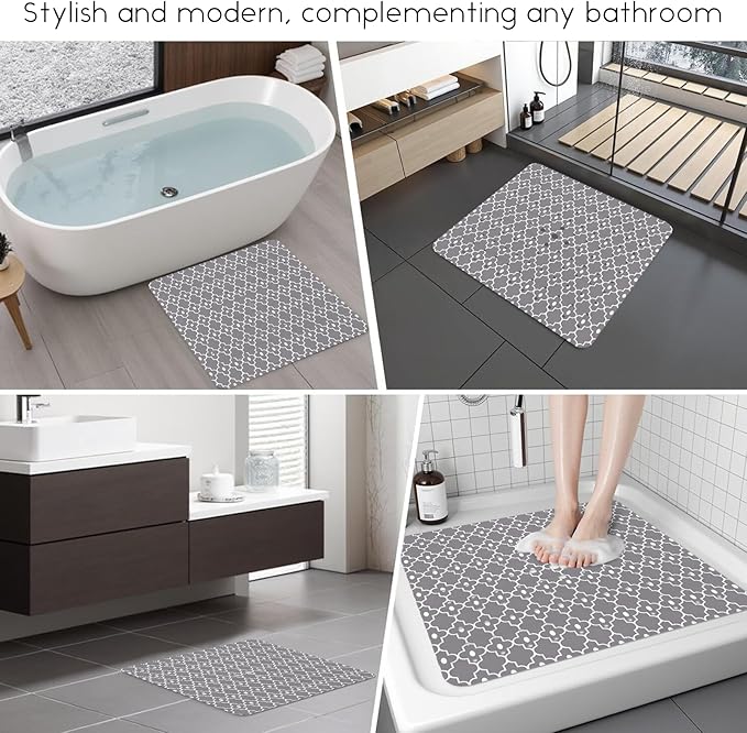 Bathtub Mat Non Slip, Grey Square Bath tub Mat Shower Floor Mat with Suction Cups for Adults Kids Elderly 21 X 21 Inch