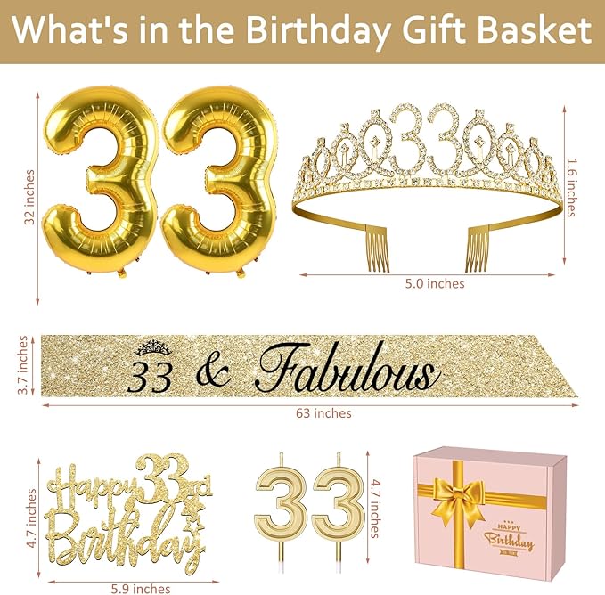 33 Birthday Decorations Women Gold with 33rd Birthday Sash and Tiara, Cake Topper and Candles, Number Balloons, 33 Year Old Gifts for Women
