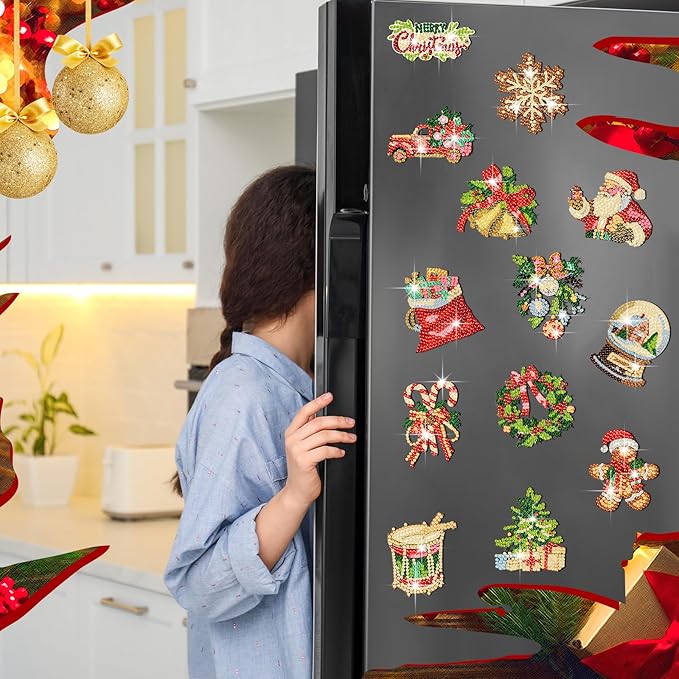 30 Pcs Christmas Diamond Art Magnets Kits DIY Santa Claus Diamond Fridge Magnetic Stickers Xmas Gem Art Magnets for Beginners Holiday Decor Home