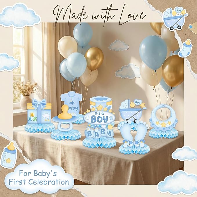 9Pcs Baby Shower Decorations Honeycomb Centerpieces for Boy, Cute Pattern It's a Boy Gender Reveal Table Centerpiece, Gender Reveal Party Supplies (Blue)