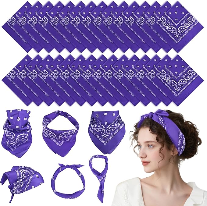 PLULON 30 Pack Bandanas for Men Women, Polyester Novelty Paisley Pattern Bandana Headbands Wristband Neckerchief Cowboy