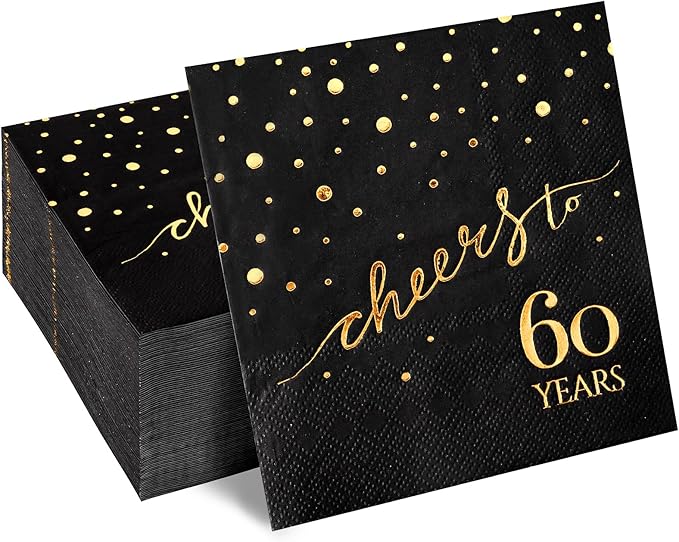 100 Pack of 60th Birthday Napkins, Cheers to 60 Cocktail 5x5 Inches Party Paper Napkins for Birthday Decorations Wedding Anniversary Black and Gold, 3-Ply
