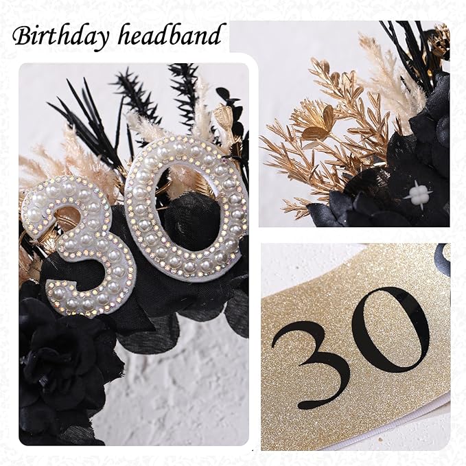 Flower Black Birthday Headband - Dark Happy Birthday Crown and Sash Set for Women Fabulous Party Accessories