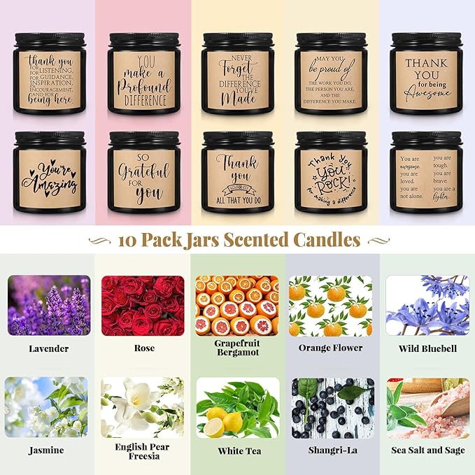 Roowest 10 Jars Thank You Gift Candles 3.5 oz Valentines Employee Appreciation Gifts Bulk Soy Wax Jar Inspirational Candle Thank You Coworkers Employee Women Secretaries Teacher(Amber,Pretty,Lovely)
