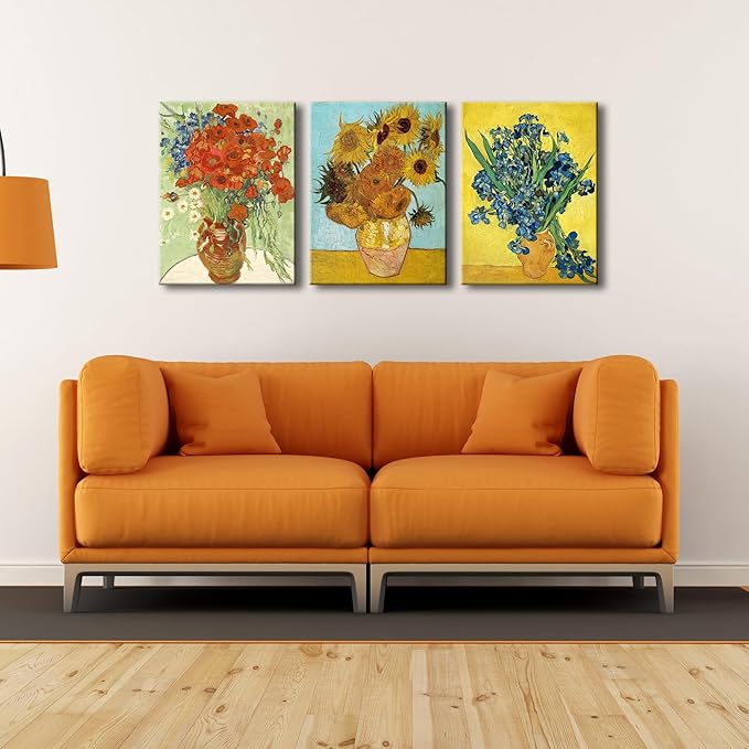 Wieco Art 3 Panels Canvas Prints of Vincent Van Gogh Paintings Reproduction Red Poppies and Daisies Sunflower Irises in Vase Canvas Wall Art for Living Room Home Office Decor