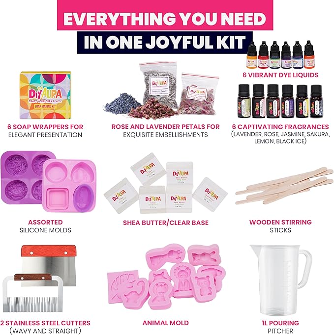 Diyaura Soap Making Kit for Adults & Kids – DIY Animal-Themed Craft with Shea Butter Soap & Glycerin Base, Molds, Scents, Dyes & Tools – Beginner-Friendly Creative Family Activity & Gift