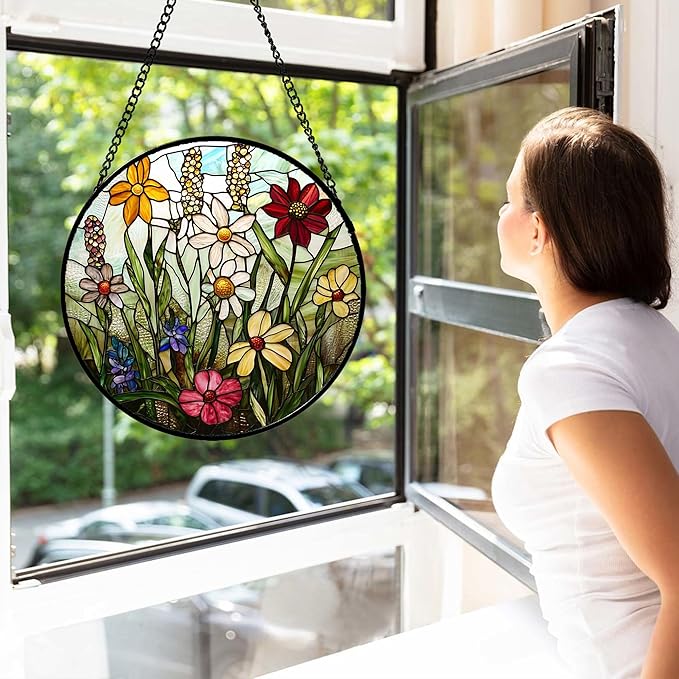 Stained Glass Window Hanging, Colorful Wildflowers Plant Scenery Suncatcher for Doors Window Home White Green Sun Catchers Decor Mother's Day Birthday Gifts for Women, Men Mom 11.8 in