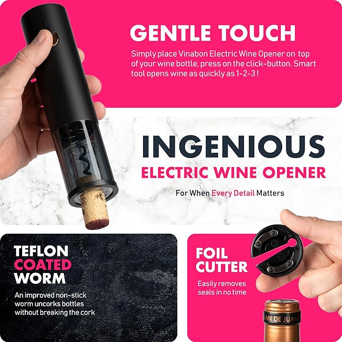 VINABON Electric Wine Opener - Updated 2026 One-Touch Automatic Wine Bottle Opener Corkscrew - Rechargeable (Up to 100 Bottles/Charge) with Foil Cutter Stand, LED Indicator. Includes Wine Guide eBook