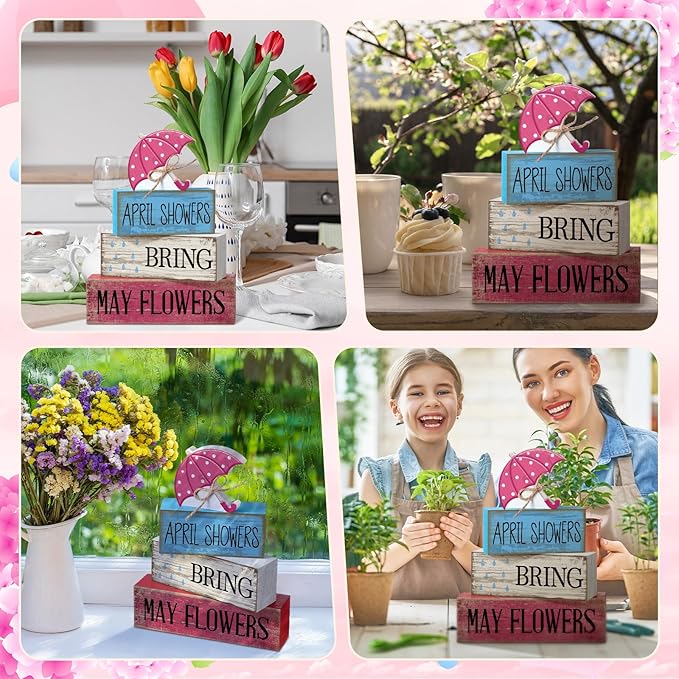 4 Pcs Spring Decorations for Home Wooden Umbrella Tiered Tray Decorations Spring Centerpieces for Tables Farmhouse Decorative Umbrella Faux Stack Block Sign for Home Shelf Decor