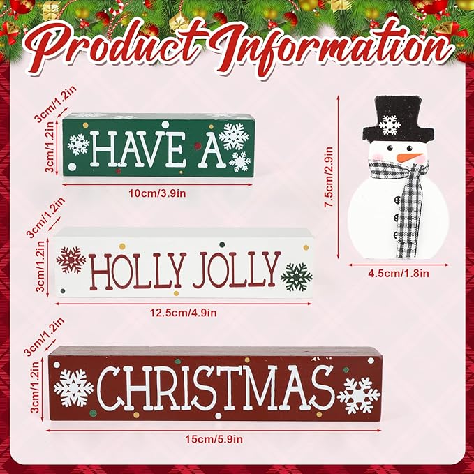 4 Pcs Christmas Decorations Indoor Wooden Snowman Table Sign Decor Table Centerpieces Xmas Merry Christmas Tabletop Block for Holiday Office Desk Tiered Tray Party Shelf Decor Farmhouse Winter