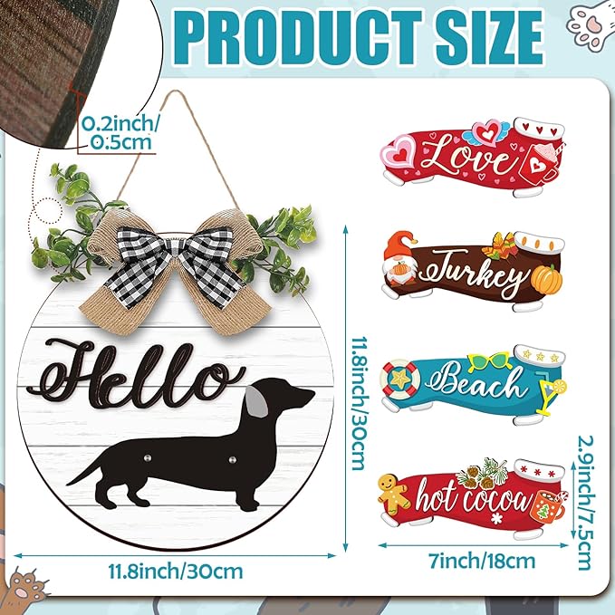 Glenmal 16 Pcs Seasonal Dachshund Door Decor for All Season and Holiday Hanging Cute Christmas Dachshund Welcome Sign Rustic Wooden Farmhouse Front Door Signs Outdoor(White)