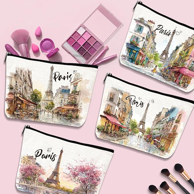 Paris Gifts Travel Essentials - 4Pcs Paris City Travel Makeup Bag, France Eiffel Tower Watercolor Cosmetic Bags with Zipper, Vacation Trip Pouch Souvenirs Gifts for Travellers Women Girls