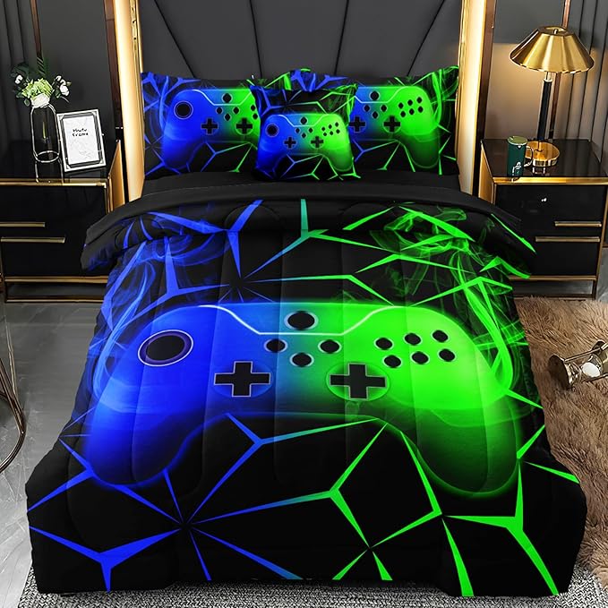 6 Pcs Full Bedding Set for Boys, Green-Blue Full Size Bed in A Bag Gamer Boys Comforter Set for Teens