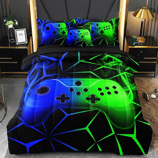 6 Pcs Full Bedding Set for Boys, Green-Blue Full Size Bed in A Bag Gamer Boys Comforter Set for Teens