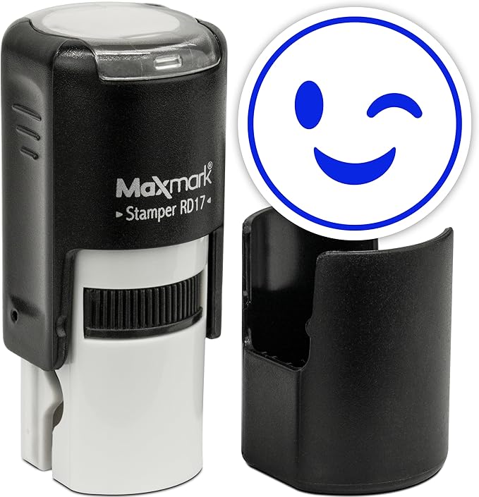 MaxMark Round Self Inking Emoji Stamp - Wink - Blue Ink