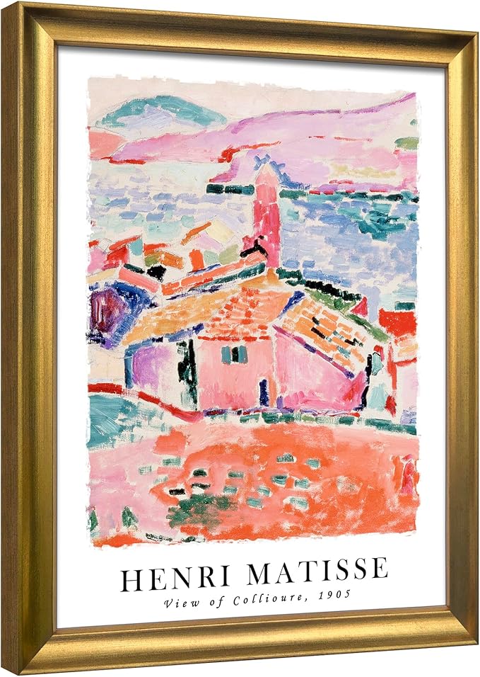 Wieco Art Large Framed Wall Art View of Collioure 1905 by Henri Mattise Abstract Colorful Art Matisse Posters Canvas Prints for Wall and Home Office Decorations Bronze Gold Frame