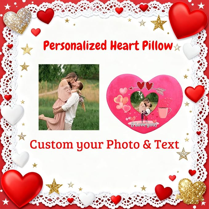 Custom Heart Pillow with Photo Text, Personalized Heart Shaped Pillow with Insert as Valentine Pillows Home Decor Personalized Gifts for Husband Wife Kids Family on Valentines Day Anniversary