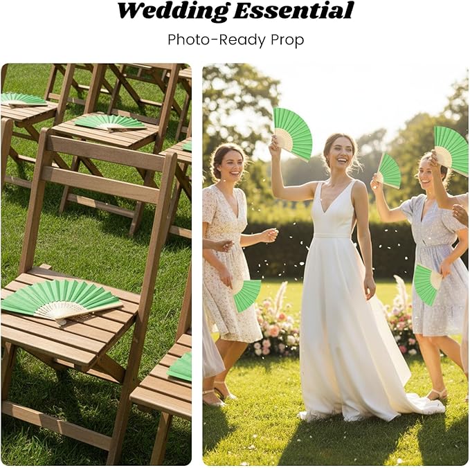 JOHOUSE 12PCS Foldable Hand Fan, 8.3 Inch Green Paper Fans for Woodland Baby Shower Decorations, Wedding, Outdoor Party Favors, Bridal Shower DIY Crafts Photography Prop