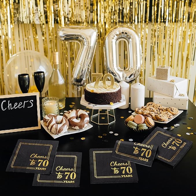 70th Birthday Cocktail Party Napkins-50PCS 13 * 13 inches Cheers to Years Disposable Paper Napkins for Birthday Wedding Anniversary Decorations Party Props Supplies Black and Gold (70th Napkins)